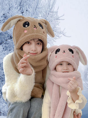 保暖會動兔耳朵帽子圍巾手套三件一體女幼童冬季成人親子2023新款-兒兒服裝