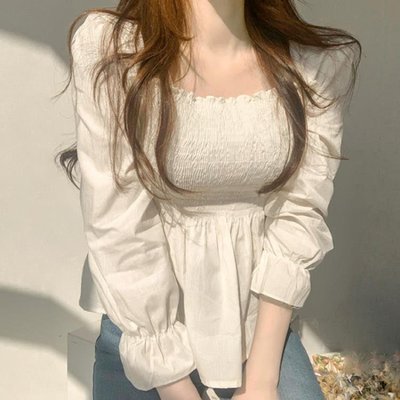 韓國chic法式甜美方領修身顯瘦收腰褶皺洋氣木耳邊長袖襯衫上衣女