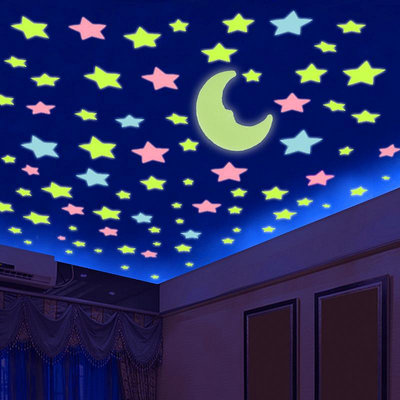 3D立體墻貼畫房頂天花板月亮星星熒光夜光貼臥室房間墻壁裝飾貼紙