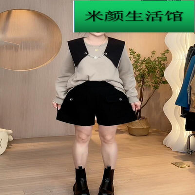 胖佳大碼設計感黑色休閒短褲女秋季新款微胖mm高腰寬鬆顯闊腿褲