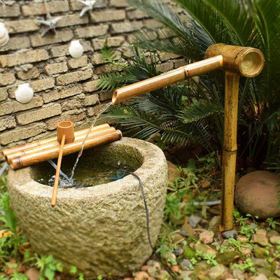 【小琳家居】漫友手辦擺件 日式竹子流水擺件庭院石槽魚缸裝飾水景循環水竹排造景噴泉流水器