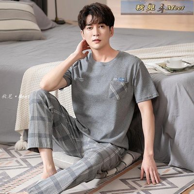 睡衣 睡衣男2022年新款韓版夏季純棉短袖長褲薄款可外穿家居服套裝 夏季 -促銷