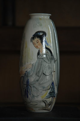 「上層窯」鶯歌製造 宋文鵬作品 撫琴 山水彩繪花瓶 瓷器 A1-04