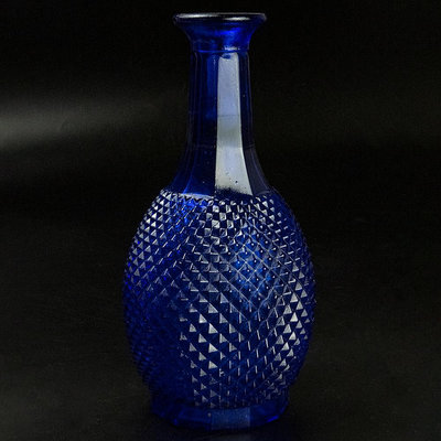 老玻璃寶藍色菠蘿紋手工花瓶