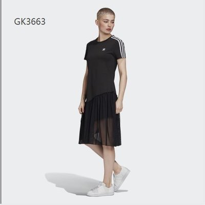 特賣--Adidas 愛迪達三葉草 T恤 裙 女款 網紗拼接連身裙長裙黑色 休閒 素面GK3663