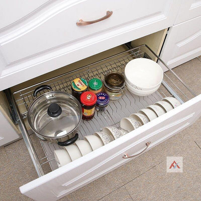 家用廚房改造304拉籃不鏽鋼實心阻尼緩衝櫥櫃抽屜碗架雙層碗碟