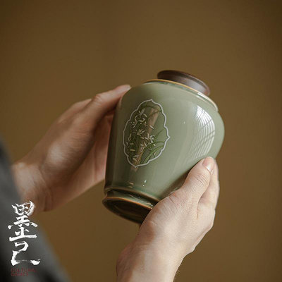 三友社 龍泉青瓷茶葉罐 陶瓷密封儲物罐 150g藏茶罐 越窯青瓷陶瓷罐mj