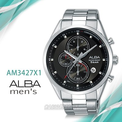 CASIO時計屋 ALBA 雅柏手錶 AM3427X1 三眼計時男錶 不鏽鋼錶帶 黑 防水50米 日期顯示 分段時間 全