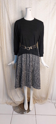 Z990精品服飾黑色針織拼接厚雪紡點點圖案假二件連身裙洋裝