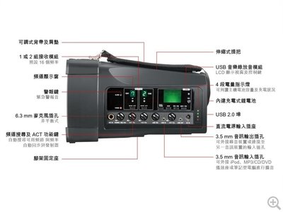 皇佳網路-全新 嘉強 Mipro MA-100SB UHF 16CH USB 無線喊話器 含無線麥克風1隻.可議價