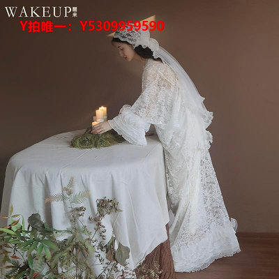 婚紗wakeup醒來原創法式復古新娘結婚禮服白色蕾絲輕婚紗晨袍女出門紗