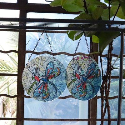 快速出貨Dragonfly glass wal l 蜻蜓玻璃吊墻裝飾 花園戶外微型雕像 掛件