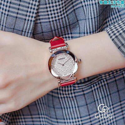 GUOU古歐手錶時尚女士石英表氣質簡約水鑽真皮皮帶腕錶女表防水錶