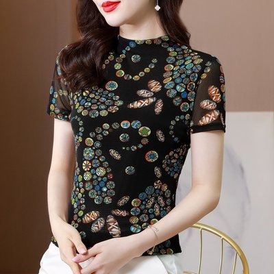 2023夏季新款韓版緊身網紗印花中高領短袖T恤女彈力媽媽洋氣上衣