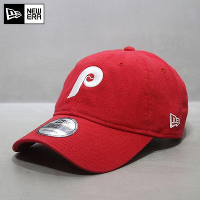 熱款直購#NewEra帽子2022新款粗斜紋布MLB棒球帽軟頂大標P字母費城人隊紅色
