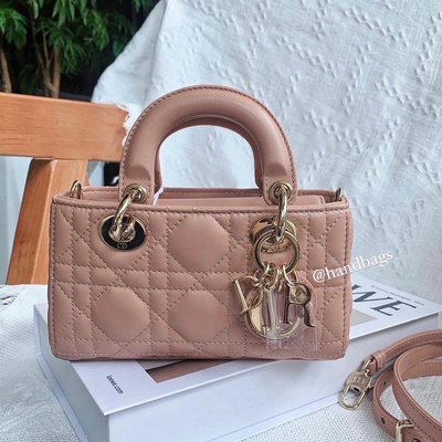 【翰貝格名牌館】全新真品 Dior 微型 LADY D-JOY 玫瑰粉 藤格紋 金鏈  黛妃包 斜背包 手提包