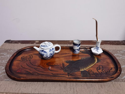 （二手）—日本回流，煎茶盤，名家雕錦鯉造型茶托盤，橢圓形托盤，魚的雕刻 擺件 老物件 古玩【中華拍賣行】131