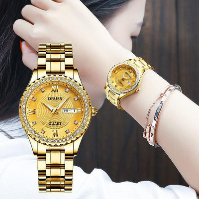 BINBOND 原裝豪華金色時尚奢華防水石英女士手錶夜光日曆不鏽鋼腕錶