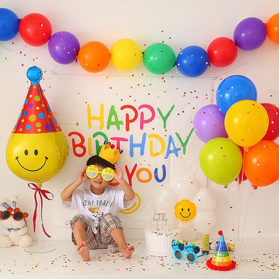 韓國ins寶寶生日裝飾彩色尾巴球笑臉氣球男女孩周歲派對背景布置半米潮殼直購