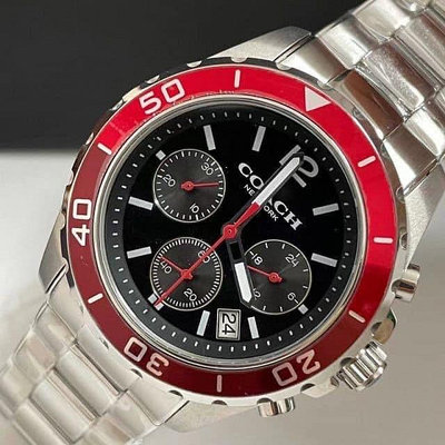 COACH Kent 紅色圈 黑色面錶盤 銀色不鏽鋼錶帶 石英 三眼計時 男士手錶 14602556