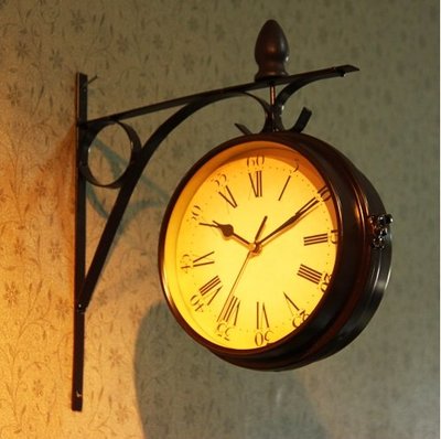新款老式復古掛鐘歐式懷舊鐵藝雙面掛鐘靜音機芯歐式鐵工藝 復古雙面掛鐘時鐘壁鐘 雙面鐘 錶 玻璃鏡面 無聲 靜音 鐘