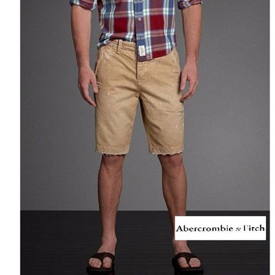 §上鉌嚴選 A&F Abercrombie Destroyed Classic Fit Shorts 潑漆刷破短褲-卡其