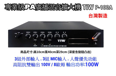 【昌明視聽】專業級PA廣播混音擴大機 TIW P-100A 昇級版輸出功率100瓦 高低阻抗雙輸出 台灣製造 P100A