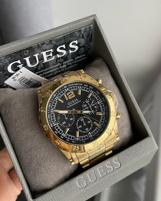 GUESS 黑色面錶盤 金色不鏽鋼錶帶 石英 三眼計時 男士手錶 U1314G1
