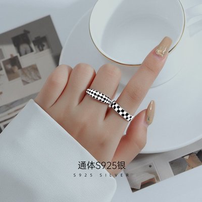 復古S925純銀棋盤格戒指女時尚個性設計小眾素圈食指戒2022年新款,特價