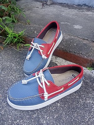 牛皮手工帆船鞋(紅藍)