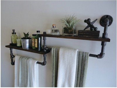 【奇滿來】復古鐵藝水管書架 DIY 牆上壁掛 實木置物架 層架 廚房浴室隔板毛巾架 美式復古風格 AVAZ