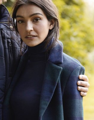 Miolla 英國品牌Joules深藍色/藍綠格紋 英倫風挺立羊毛呢大衣/外套