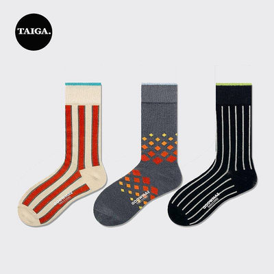 新款推薦 Taiga.  3雙入 中筒襪子男加大長襪小腿襪精梳棉休閒商務運動襪素色條紋格子基礎百搭款