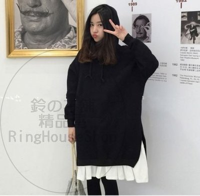 ✪ RingHouseShop ✪ 秋冬學院風休閒款著衣　假兩件　內刷毛　雪紡裙擺　拼接　休閒　連身裙