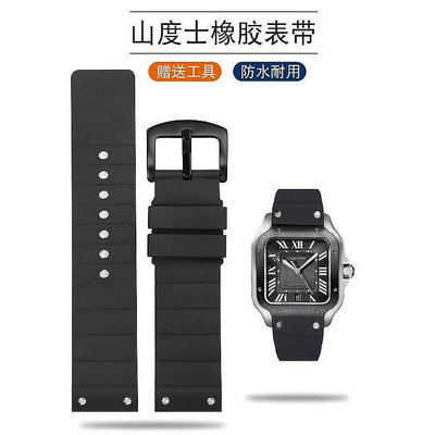 矽膠手錶帶適配桑托斯山度士Santos 100男黑色橡膠錶鏈23mm