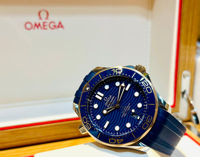 ~路米名品~ 經典款 OMEGA 藍面 半金 海馬 seamaster 潛水 300米 42mm  藍色陶瓷 半金錶圈 透背 膠帶款 保固中