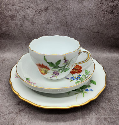 德國Meissen梅森花卉咖啡杯碟盤3件套1846