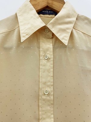 NANA 日本古著 絲質綢緞 迷你點點 素雅氣質 長袖襯衫 日式支子粉黃色