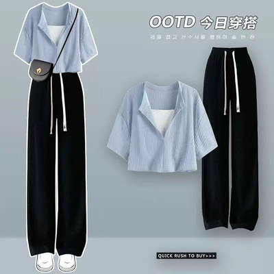 2023春夏套裝女學生韓版寬鬆設計感短袖上衣+寬褲時尚兩件套潮