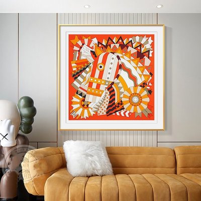 特賣-裱框愛馬仕橙絲巾掛畫現代輕奢高級感壁畫真絲巾裝飾畫慶典駿馬