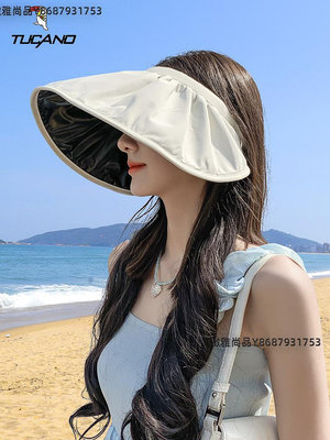 帽子女夏季大檐防曬黑膠貝殼空頂遮陽帽防紫外線女士太陽帽-緻雅尚品