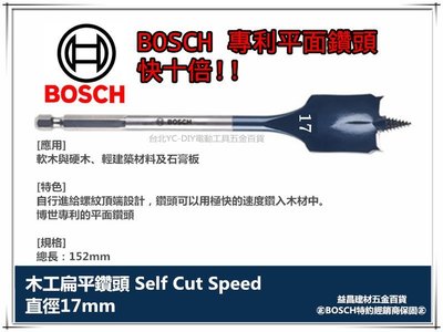 【台北益昌】德國BOSCH 木工快速扁平鑽頭 17mm×152mm 1/4吋六角柄 10倍快!! 圓槽 開孔 洗洞