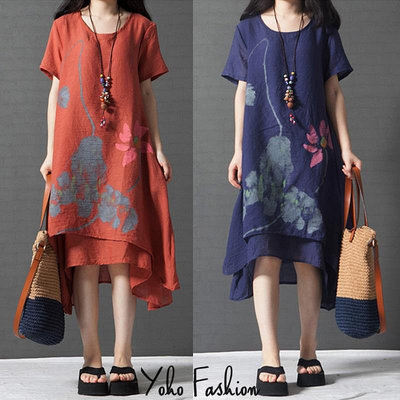 YOHO 連身裙 夏季文藝寬鬆荷花印花雙層洋裝 (ABM1265)