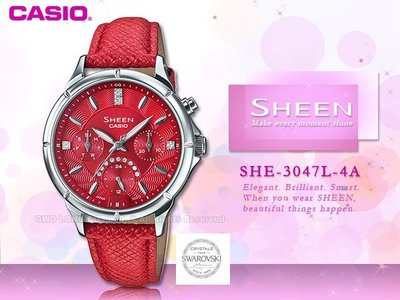 CASIO手錶專賣店 卡西歐 SHEEN SHE-3047L-4A 女錶 石英錶 真皮錶帶 施華洛世奇水晶 防水50