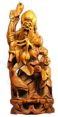 本月特價，早期壽翁童子牛樟木雕木雕，43公分，重1.9公斤。保存完整，香味四溢，僅有些許歲月細痕。