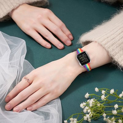 森尼3C-於Fitbit Versa 智能手錶錶帶 Fitbit Versa2/Versa lite 彩虹T型真皮錶帶 替換帶-品質保證