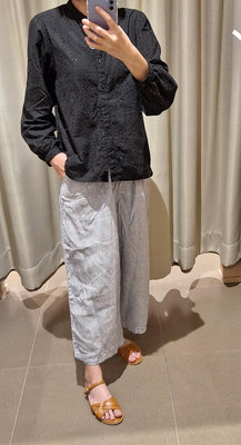 日本無印良品 有機棉亞麻條紋寬褲S號