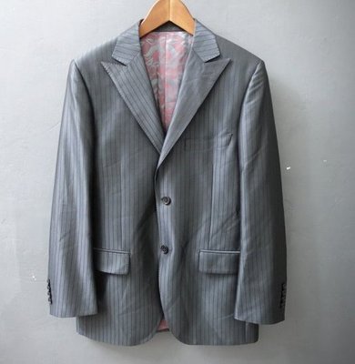 義大利品牌 SST&C 銀灰藍色條紋 羊毛混紡 合身版 休閒西裝外套 45號