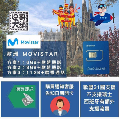 【吳哥舖】歐洲 Movistar 歐盟多國上網卡，高速流量含歐盟通話 、15天11GB流量  620元(需提供開通日期)
