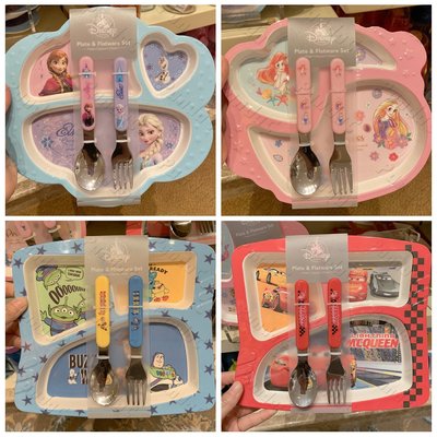 【熱賣精選】香港迪士尼 汽車 冰雪奇緣公主 卡通 兒童餐具叉子勺子分格盤套裝